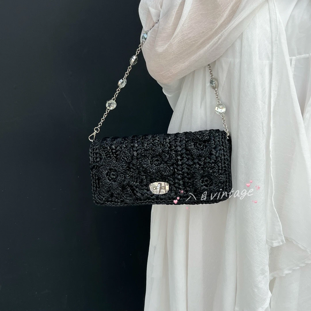 95新 MIU MIU/缪缪 入目 黑色拉菲草编织水晶宝石链条包 73668