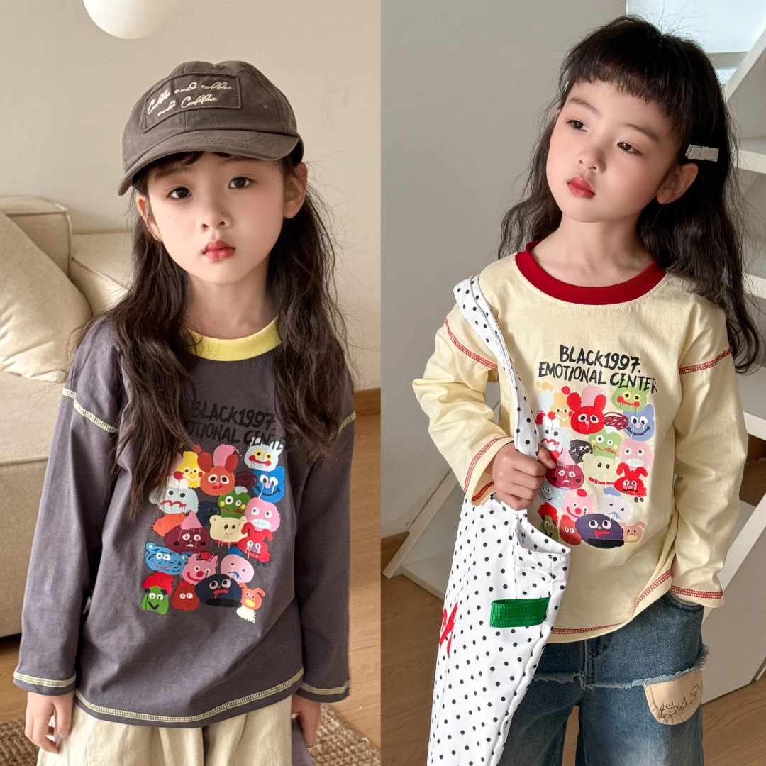 女童卡通长袖T恤2025春秋新款洋气撞色打底衫宝宝纯棉百搭上衣ins
