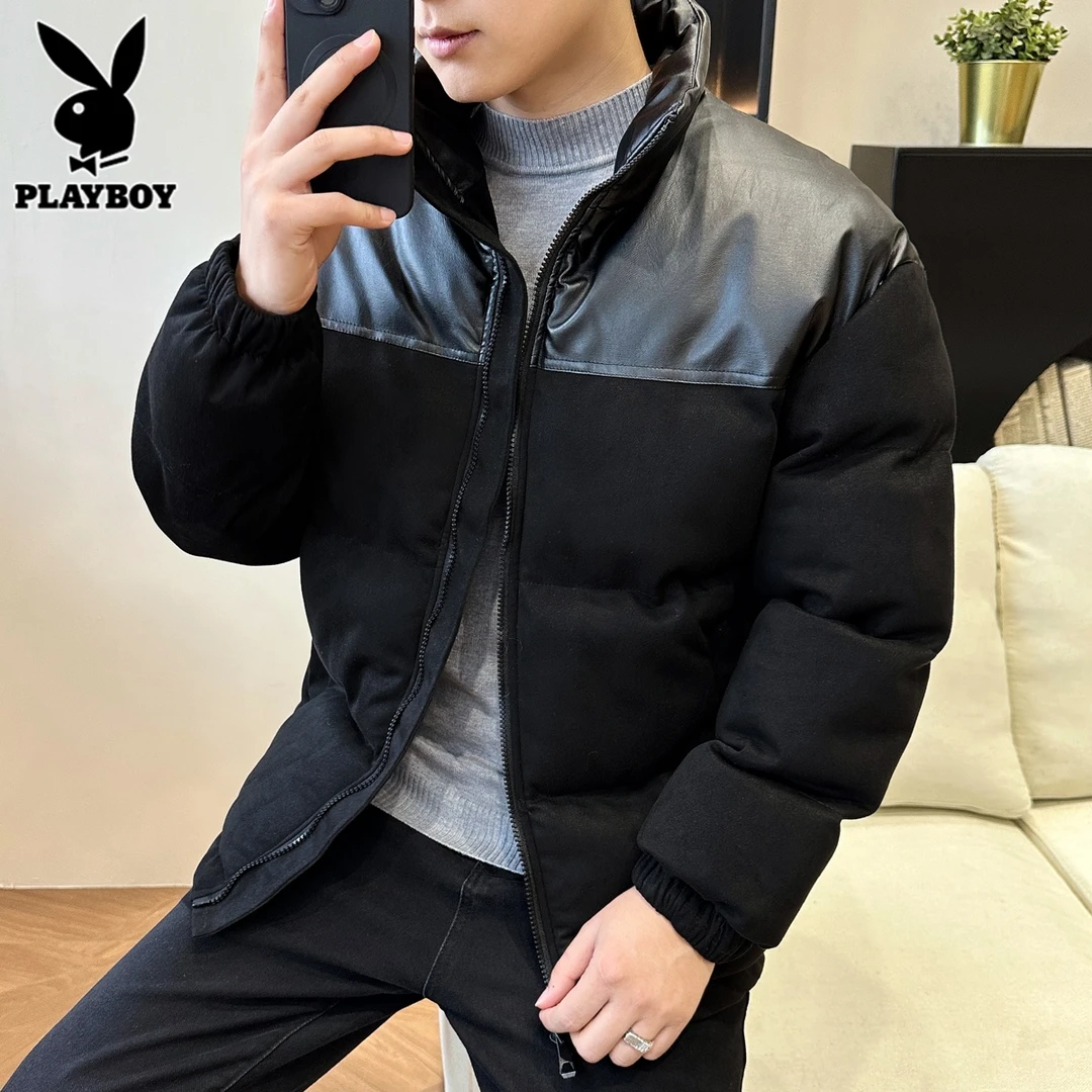 花花公子立领棉服男士棉衣2025冬季新款潮黑色拼接棉袄加厚外套男