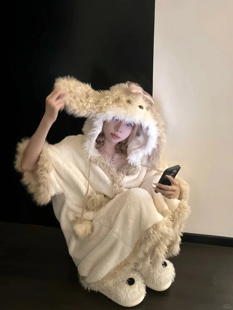 可爱毛绒小狗设计感连帽半边绒保暖睡袍女冬新款加绒加厚保暖睡衣