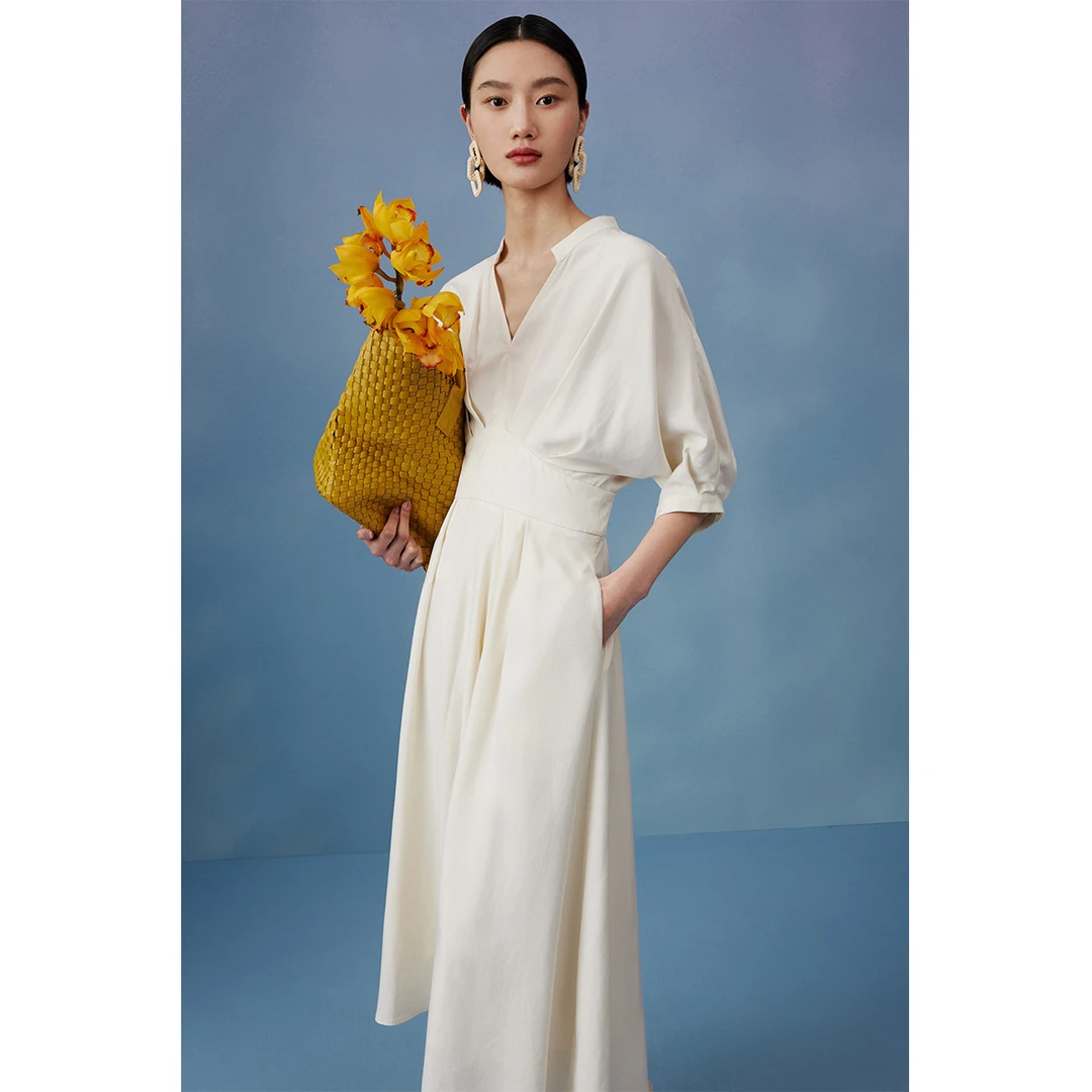 【王小专享】V领收腰白色国风系带夏季莱赛尔大摆长裙MC534106237