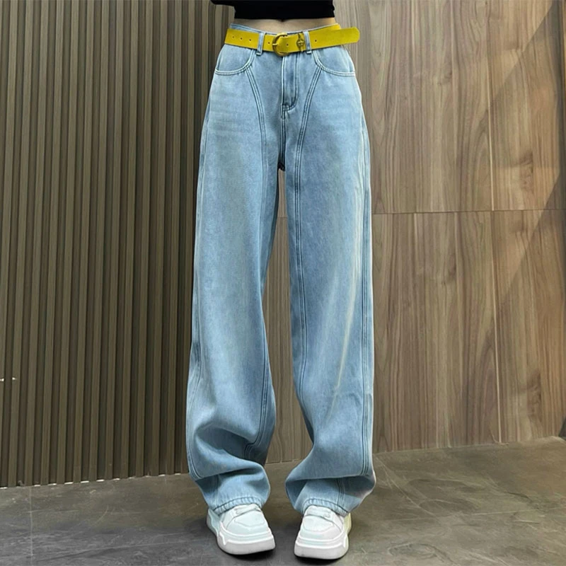 加厚加绒牛仔裤女冬季新款大码高腰显瘦美式宽松垂感弯刀阔腿长裤