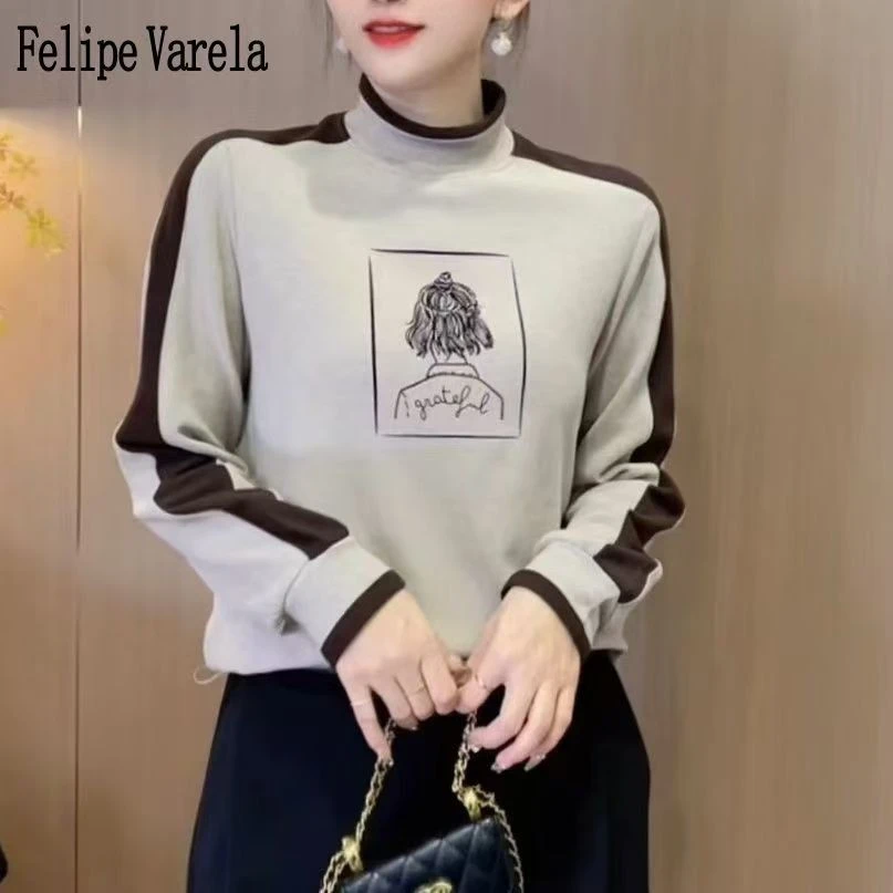 【加绒加厚】时尚百搭洋气显瘦拼接女士打底长袖一体绒上衣 美女款