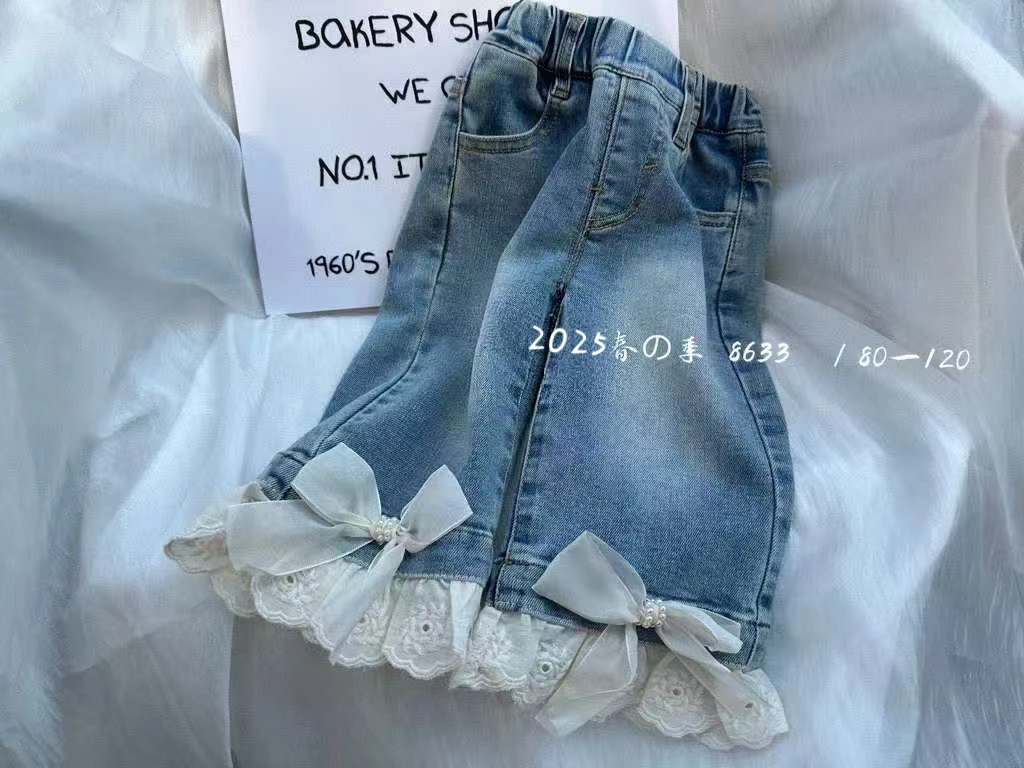 【BaoBao】2025春款洋气女童弹力直筒花边牛仔裤8633