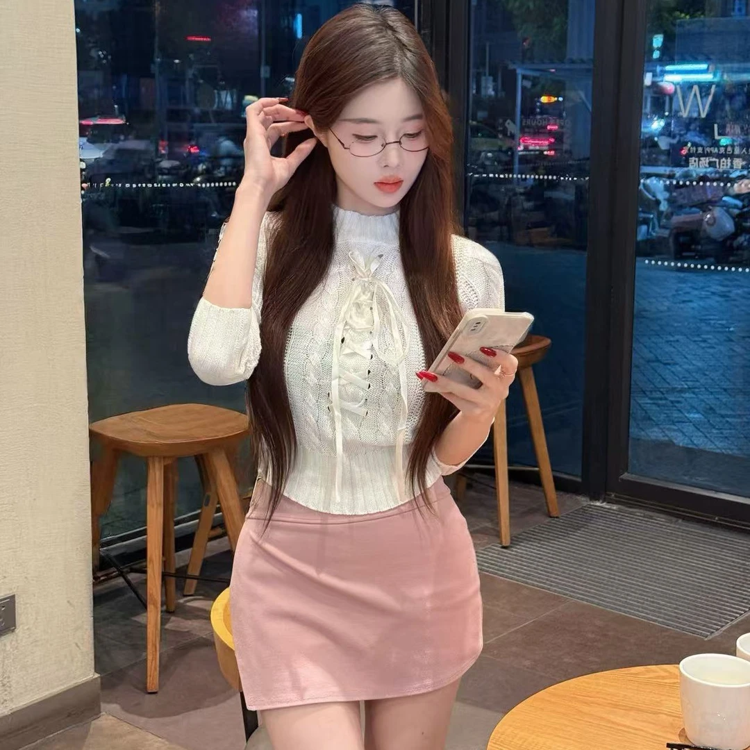 【甜系淑女】蝴蝶结系绳设计感针织长袖毛衣