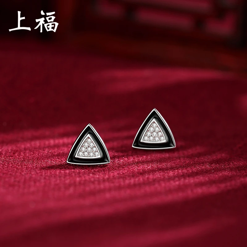 足银合成锆石耳饰 S999纯银耳钉黑色高级感几何形耳环养耳洞耳饰