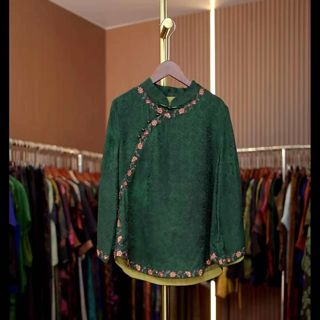 秀清-新中式国风绿色刺绣长袖上衣0535