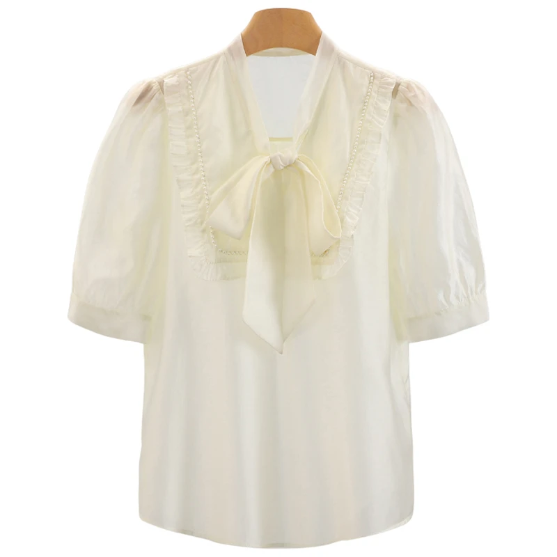 F1997-【芭】木耳边飘带宽松珠珠装饰衬衫#RBD56S014