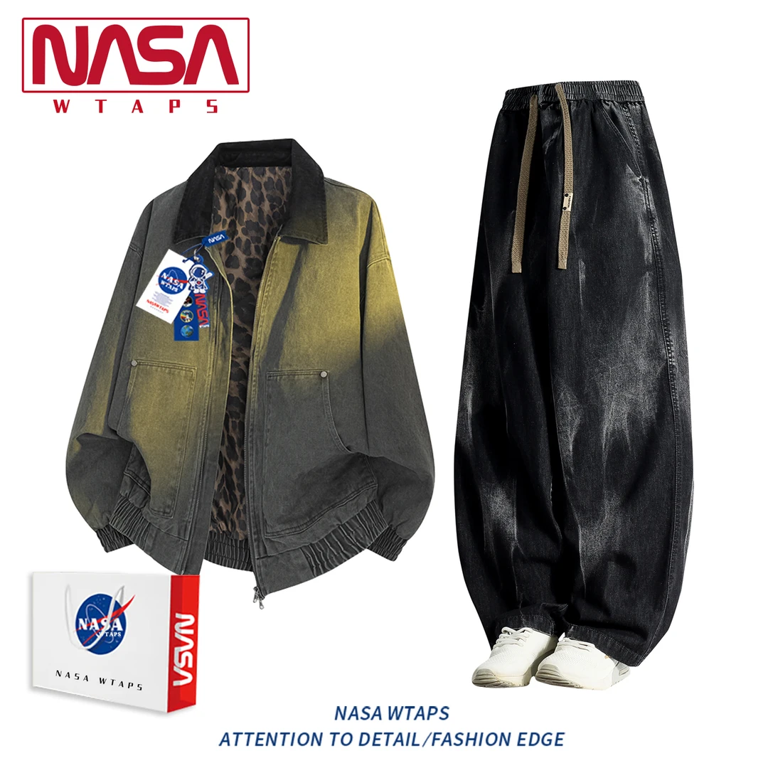 NASA WTAPS老钱风牛仔夹克套装男款春秋季痞帅高级感休闲穿搭套装