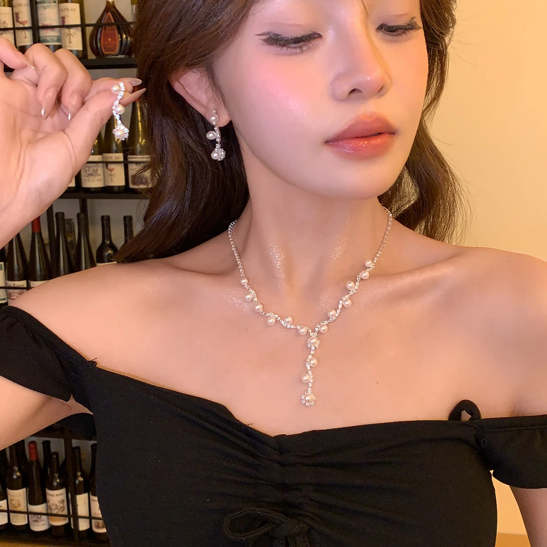 铜合金仿珍珠项链 水钻珠子Y流苏项链耳环高级感小众锁骨链