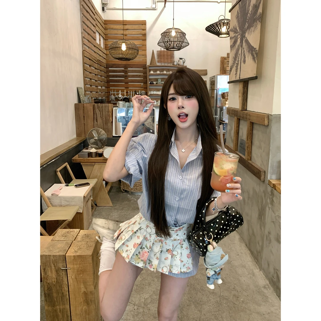 性感辣妹套装女夏季复古条纹衬衫外套学院风百褶半身短裙子两件套