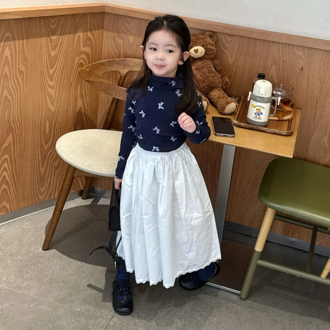 甜小七2025秋季新款女童韩版洋气半高领T恤打底衫纯色半身裙套装
