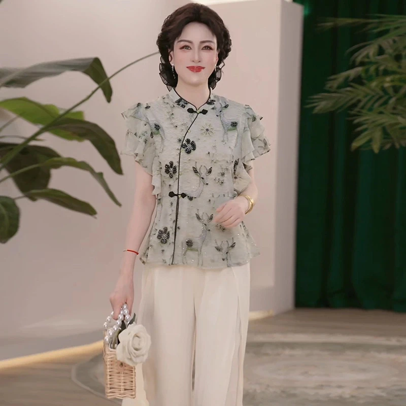 2025新款妈妈装国风套装时尚中老年洋气T恤小衫上衣裤子两件套女