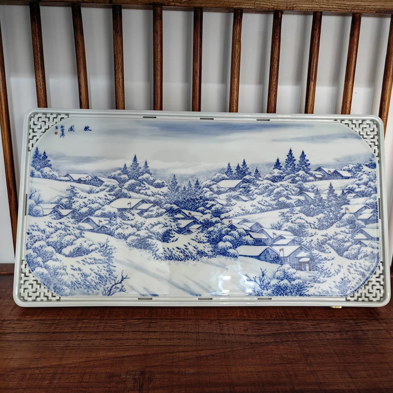 景德镇陶瓷雪景干泡台茶盘长方型大号手绘青花瓷茶台储水茶海家用