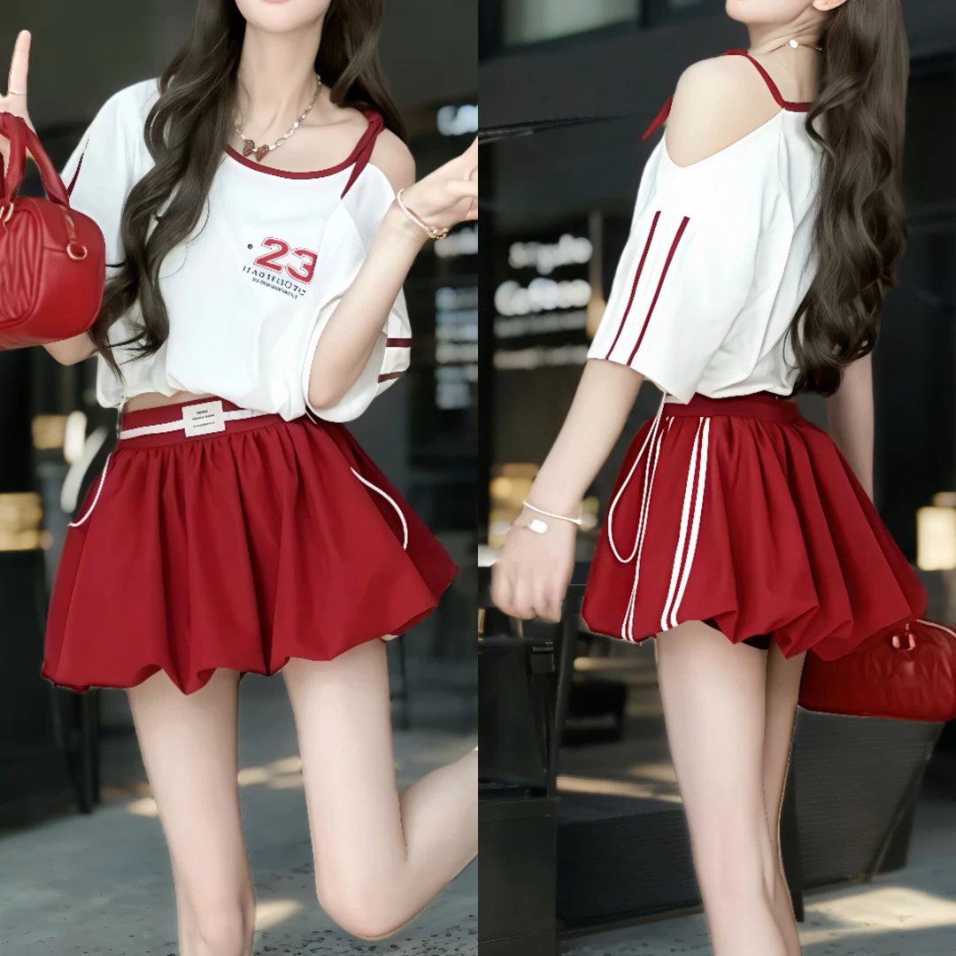 宽松显瘦舒适时尚复古花苞裙气质露肩T恤上衣短裙套装