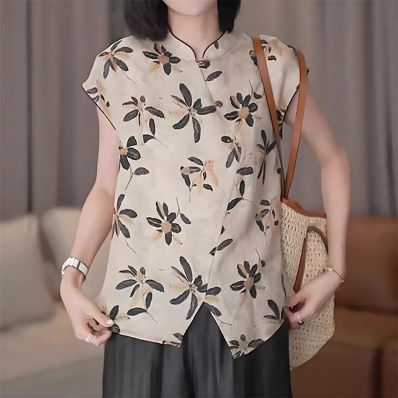 2025年夏季新中式国风复古印花短袖衬衫女高级感气质小众减龄上衣