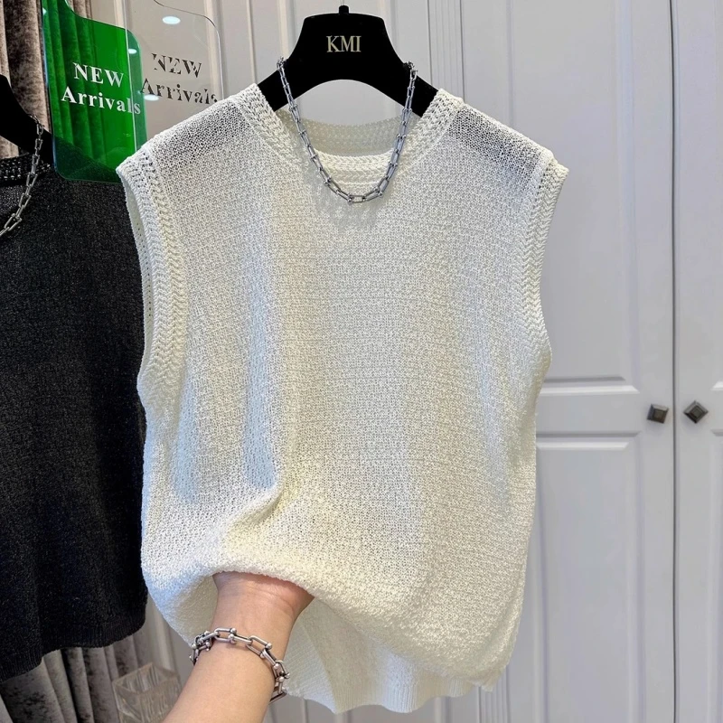 300斤特大码法式镂空针织无袖背心男女夏季微透休闲宽松坎肩上衣2