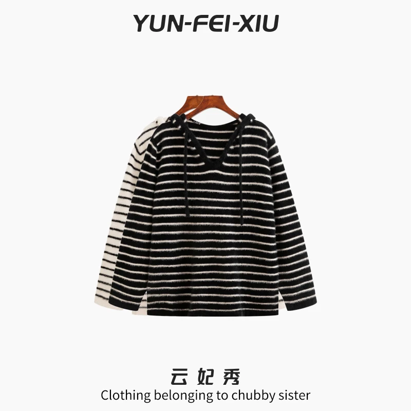 云妃秀大码女装针织衫时尚休闲胖妹妹显瘦宽松连帽上衣冬季23532