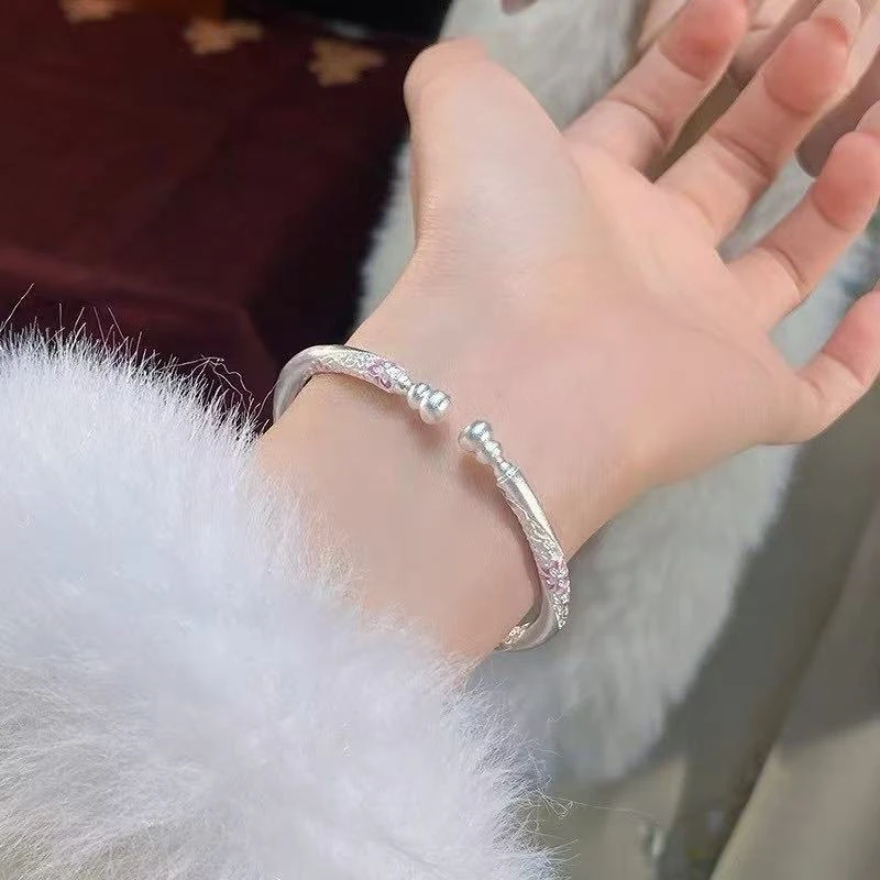 足银手镯 足银999珐琅彩葫芦花开口手镯女新中式国风錾刻镯子