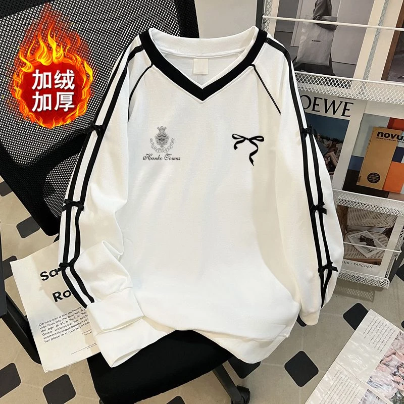 秋冬季热卖新款蝴蝶结拼接印花字母V领卫衣女款爆款2025新款正品