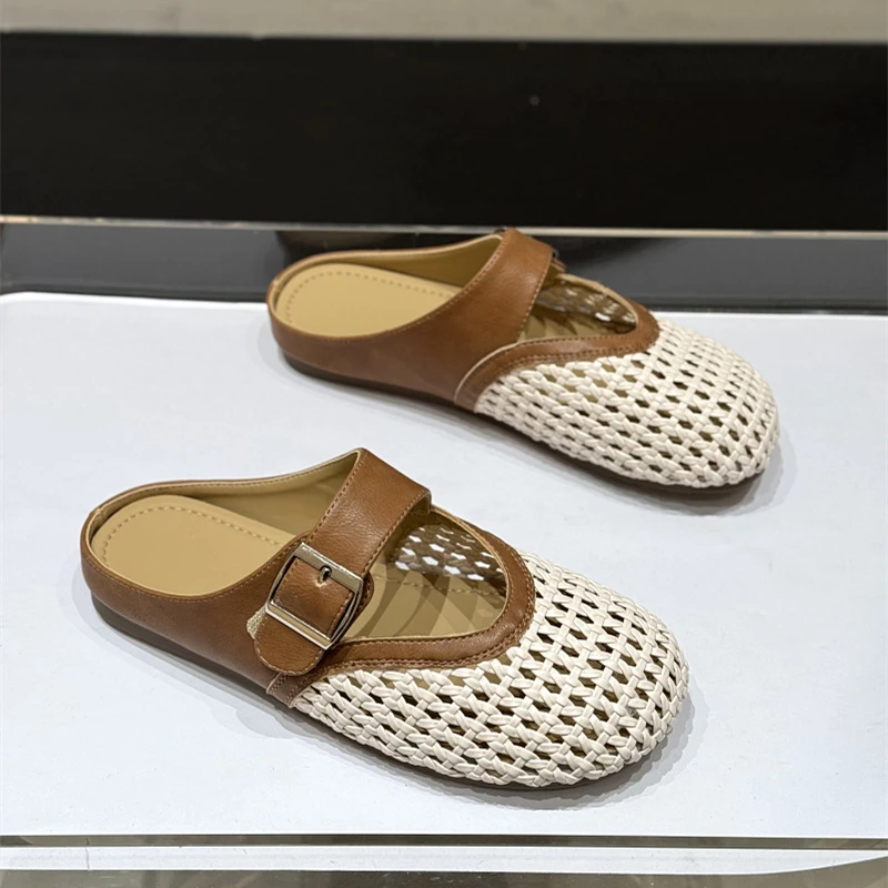 法式网红镂空编织包头半拖女2025新款夏季透气平底百搭外穿凉拖鞋