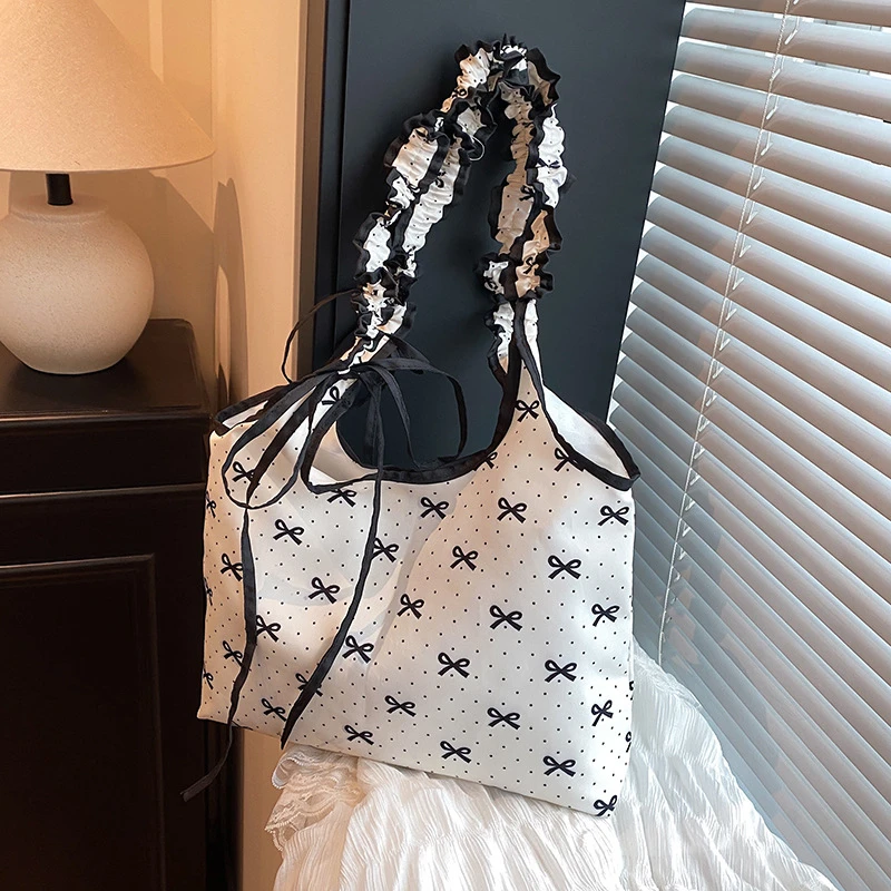 新款甜美可爱褶皱单肩包夏季小清新波点蝴蝶结帆布包简约手提包