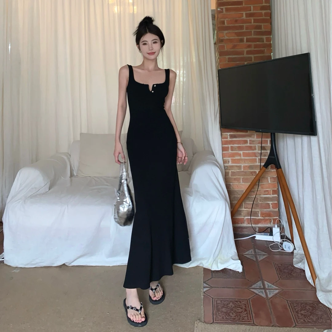 黑色针织长款吊带背心裙夏季新款气修身显瘦连衣裙性感气质