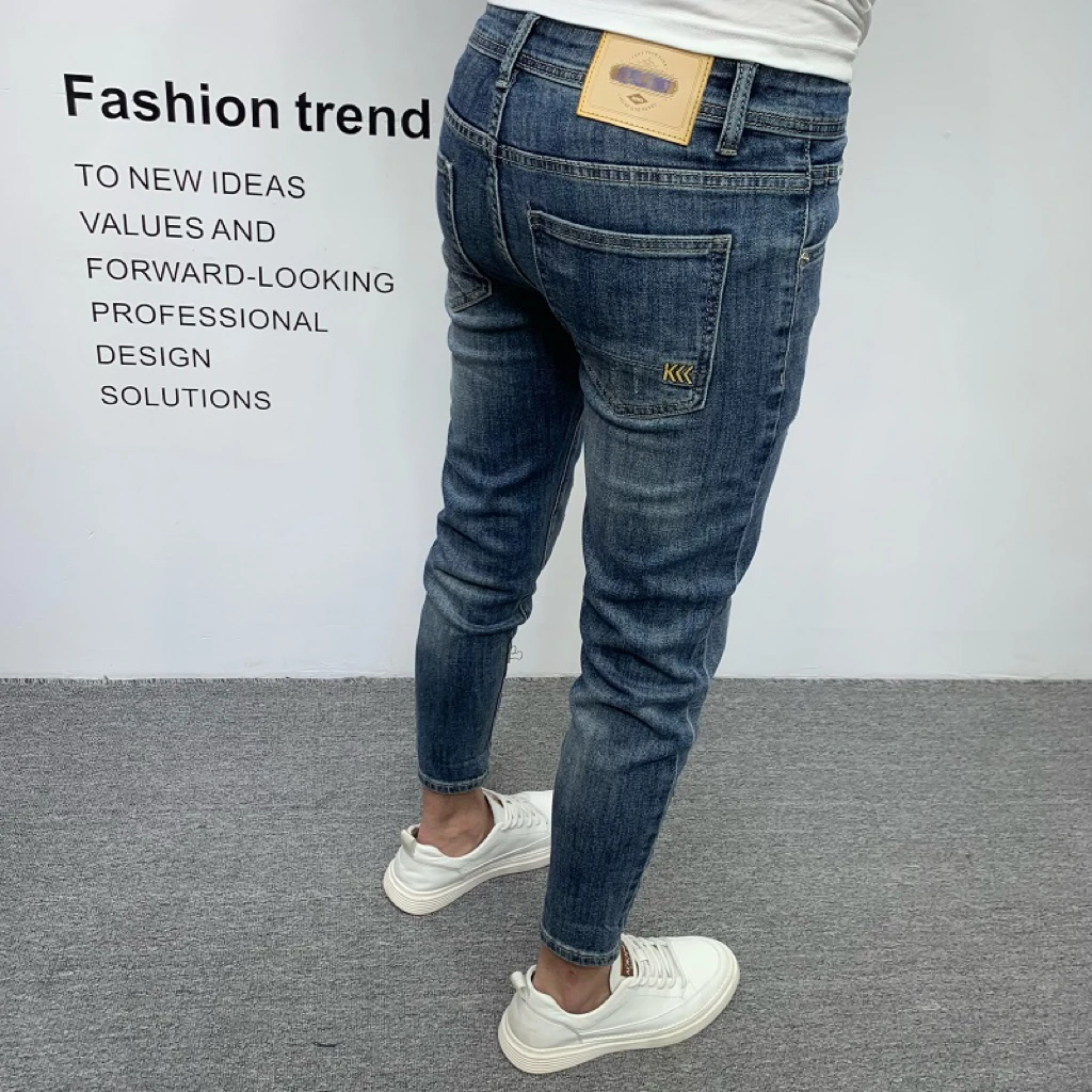 男士薄款牛仔裤2025夏季新款水洗蓝修身弹力潮流休闲小脚九分裤子