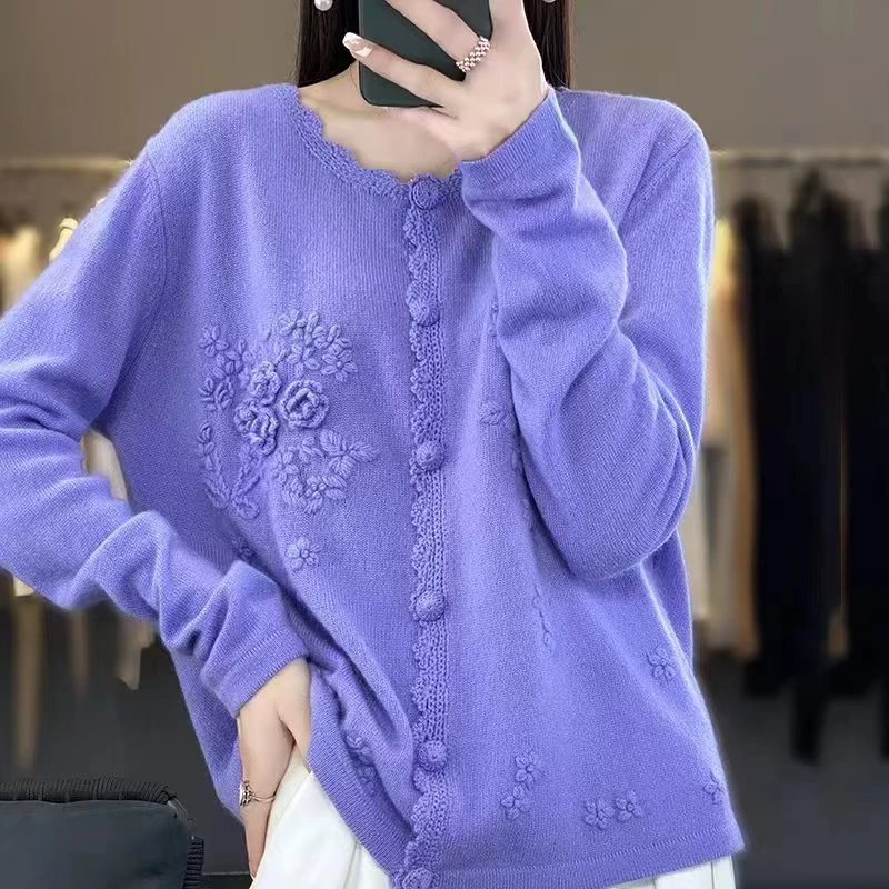 【直播链接】洋气圆领羊绒羊毛开衫女花边宽松羊毛外套（2349）