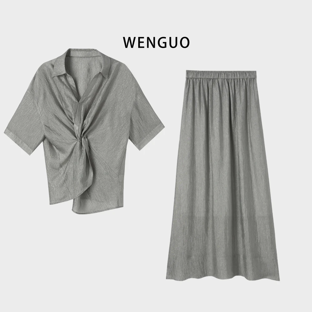 【鎏光】夏季高定醋酸自然褶皱宽松时尚交叉百搭短袖裙装套装