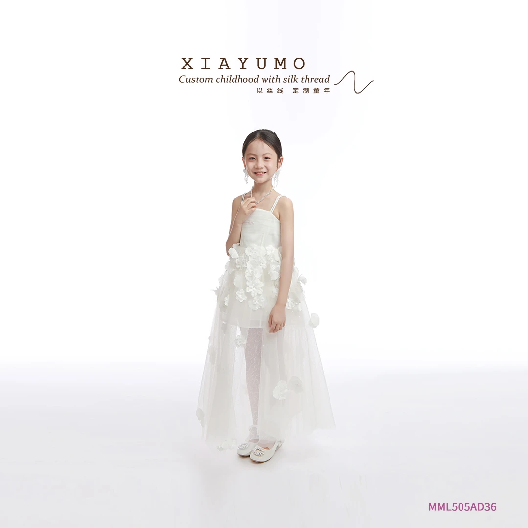 夏羽墨女童早春新款白色吊带花朵轻奢气质设计师夏季时尚连衣裙