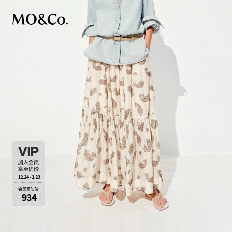 MOCO半身裙2025夏新品5A+桑蚕丝佩斯利印花大裙摆长裙MBE2SKT045