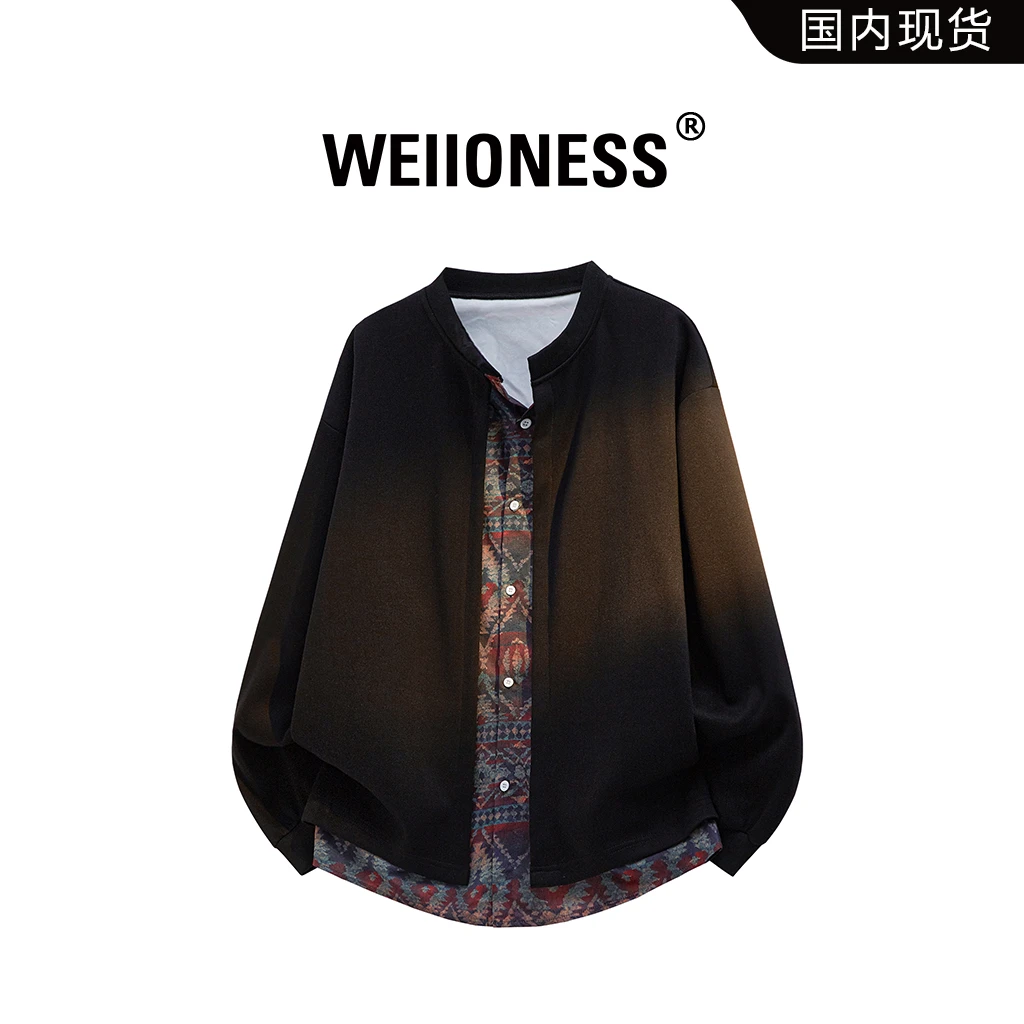 WEIIONESS假两件拼接潮流卫衣男士秋季复古设计感上衣高级感男装