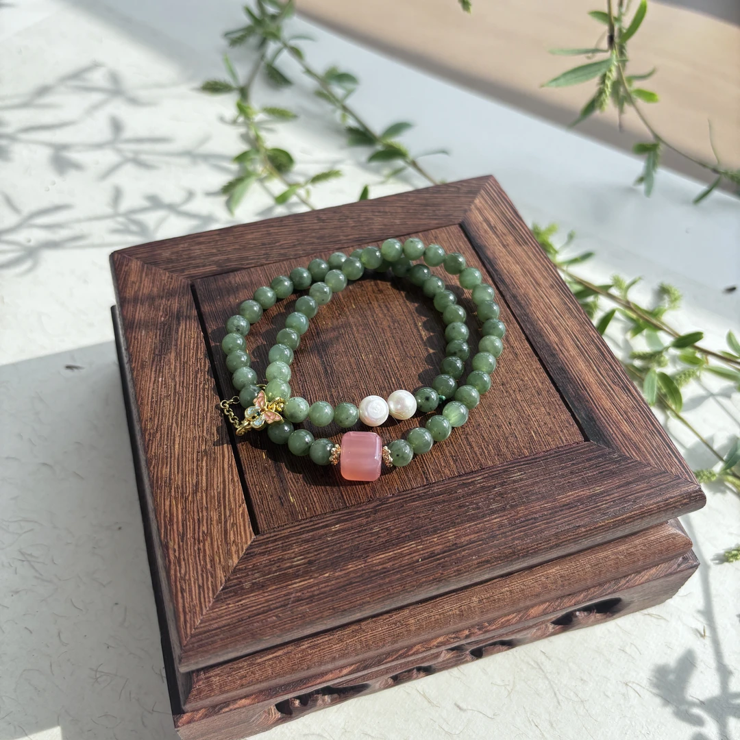 A44和田玉绿色手链气质简约百搭小众国风复古情侣款女士手串