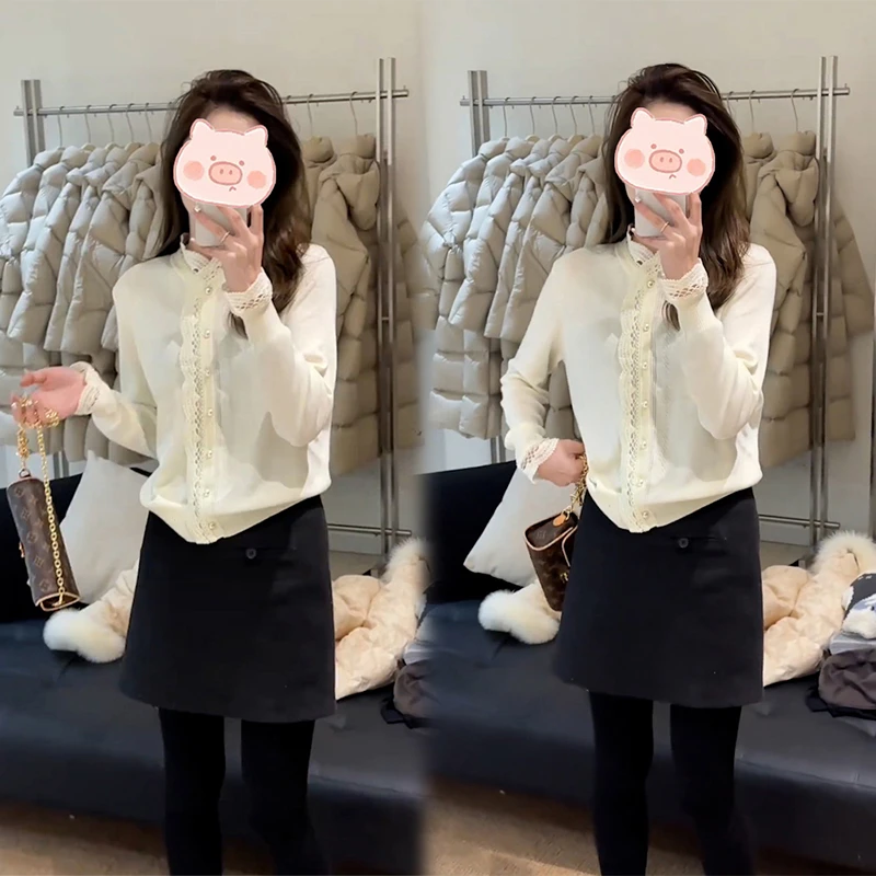 韩系休闲宽松设计针织打底冬季新款时尚洋气减龄显瘦长袖蕾丝上衣