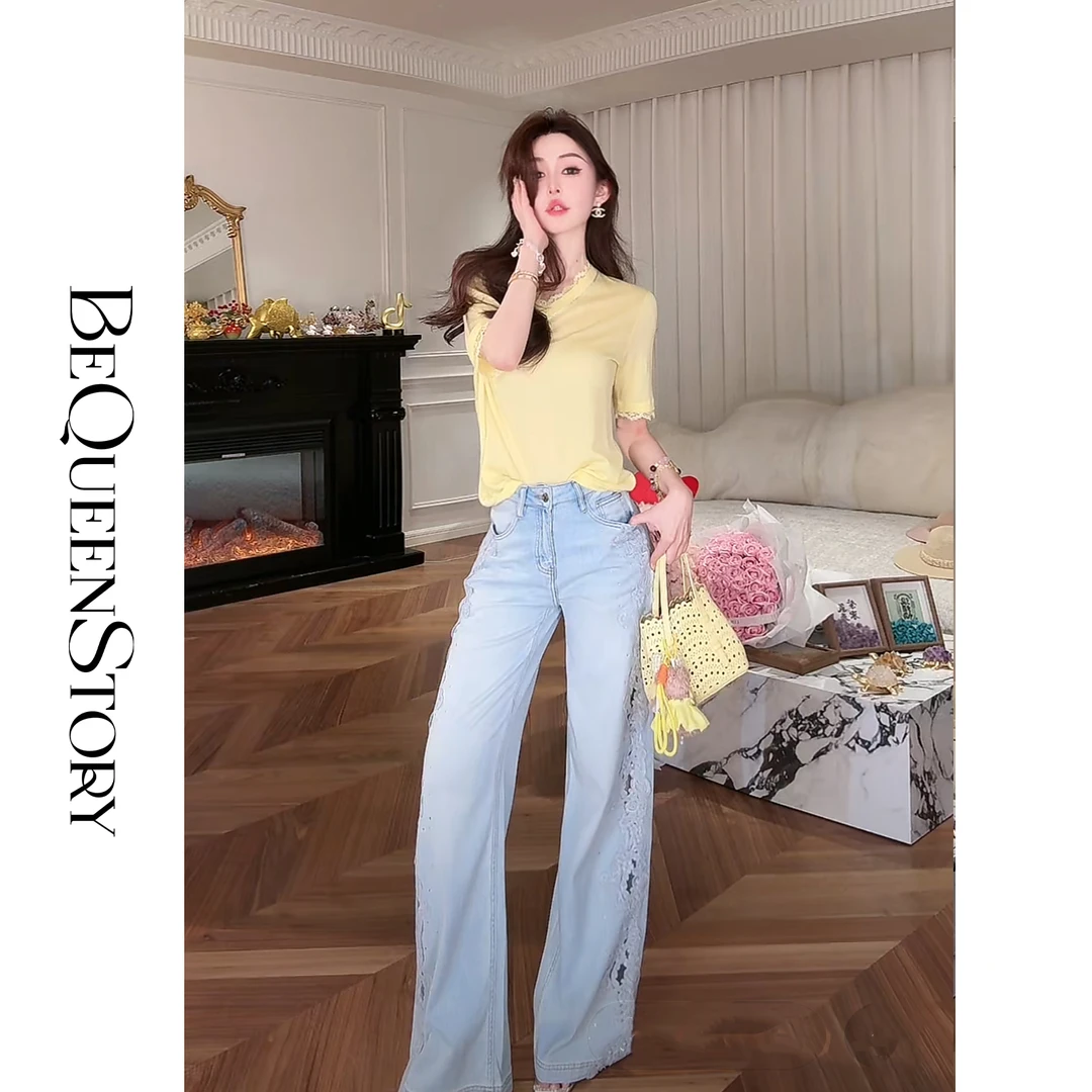 余潇潇【云间花影】2025夏季精梳长绒棉浪花蕾丝侧边直筒裤