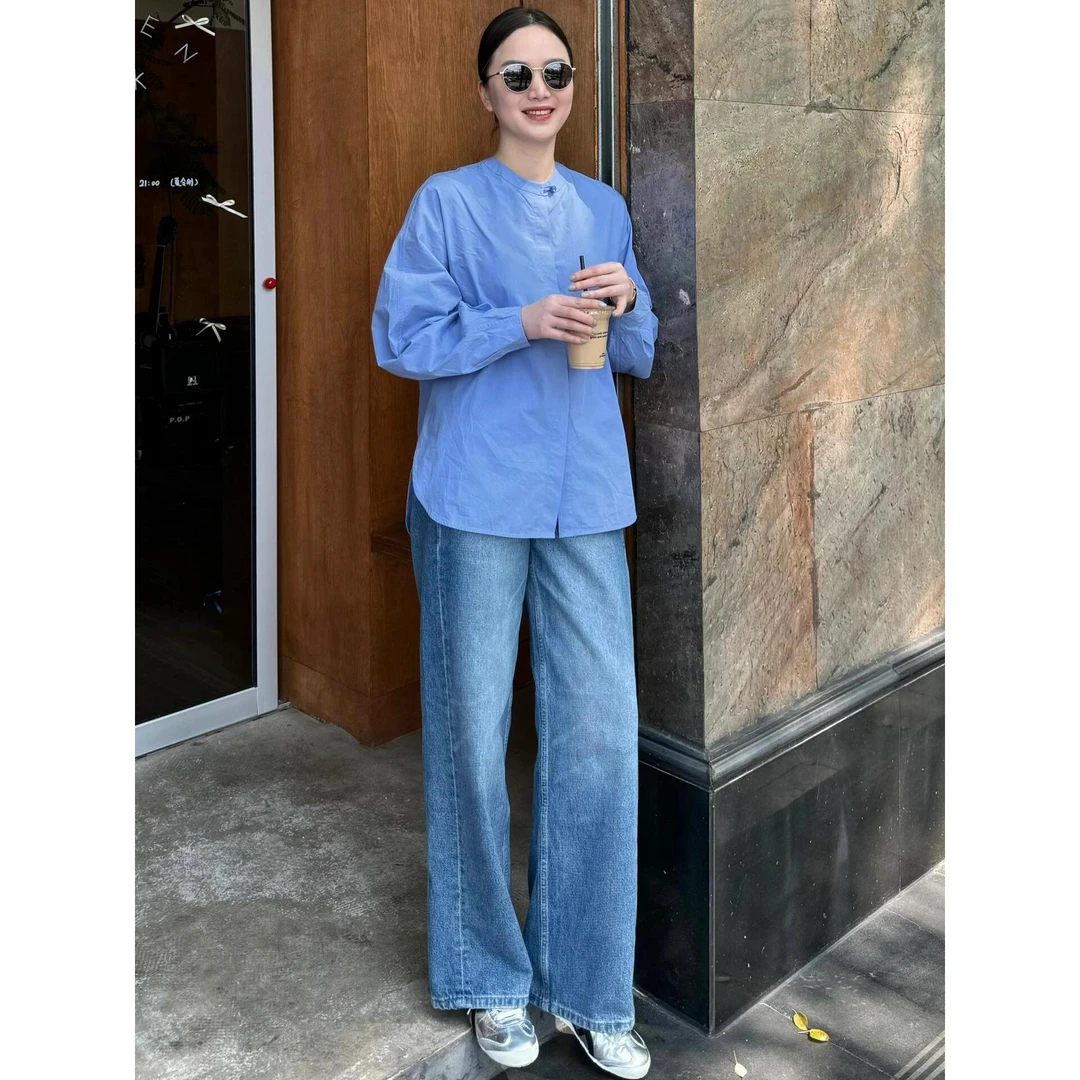 优雅大气！新中式圆领蓝色衬衫女秋季法式高级感简约百搭气质衬衣