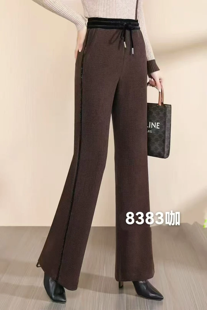 2025年新款中年时尚欧棉绒休闲裤女士高腰显瘦直筒微喇宽松长裤子