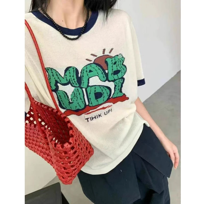 简单基础字母提花圆领薄款针织短袖女