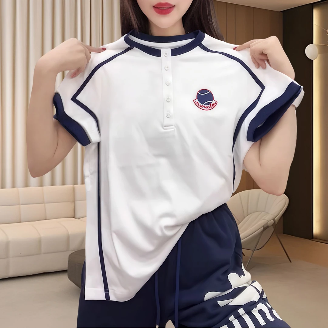 休闲女夏季时尚减龄宽松百搭撞色拼接上衣短袖女款爆款2025新款