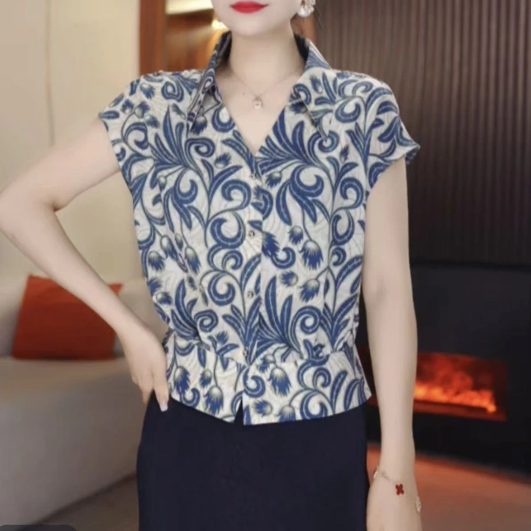 夏季减龄洋气设计感复古印花短袖衬衫休闲时尚百搭显瘦国风上衣