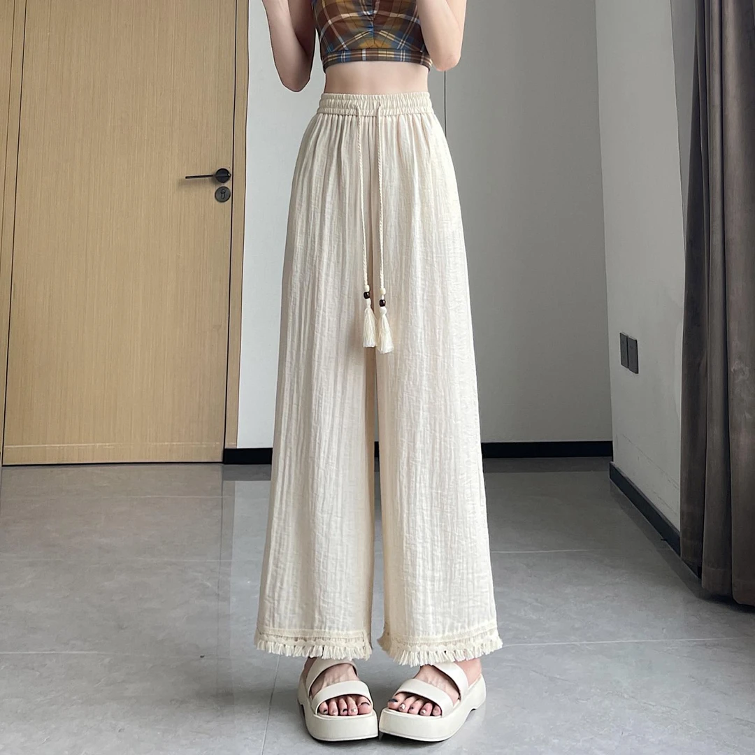 杜拉妮冰丝麻阔腿裤女夏季薄款2025新款流苏亚麻裤子小个子休闲裤