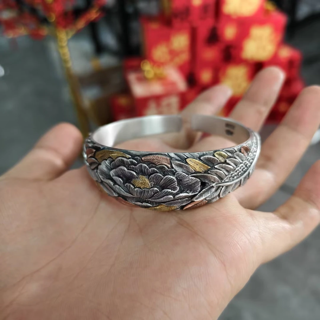 九乐 足银手镯 999镶金富贵花开手镯