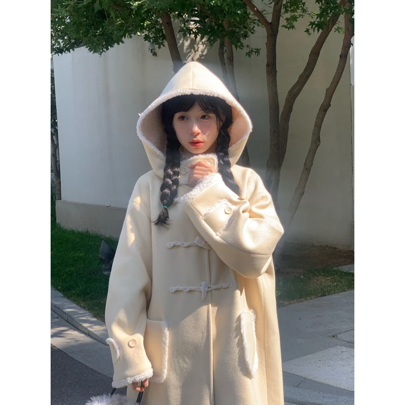 霍里德地图高级感超好看外套秋冬奶黄色牛角扣中长款呢子夹棉大衣