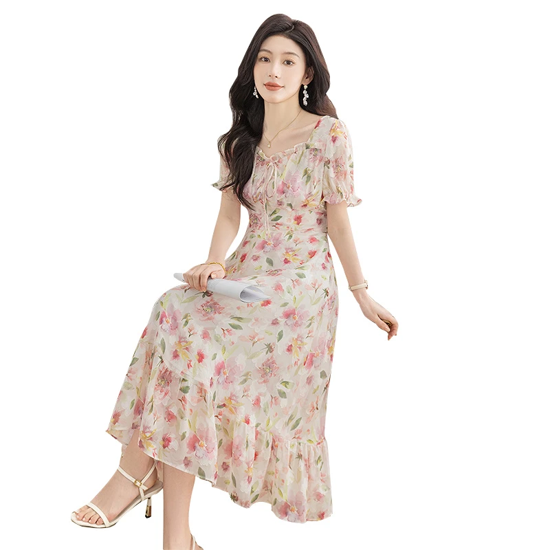 丝柏舍2025夏装新款女装收腰方领短袖碎花茶歇连衣裙S52B1861L