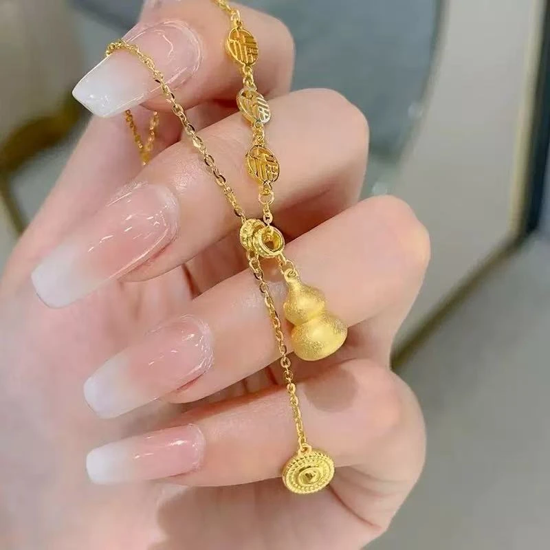 铜合金项链 新中式流苏福字葫芦项链精致百搭坠链时尚小众毛衣链