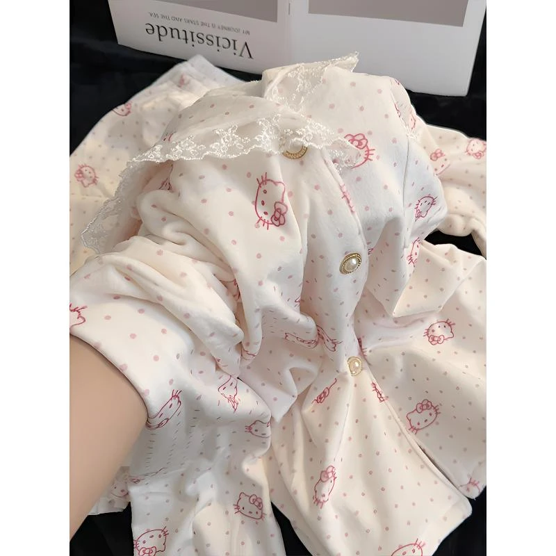 甜美可爱日系睡衣女秋冬款开衫德绒加厚保暖长袖长裤花边波点KT猫