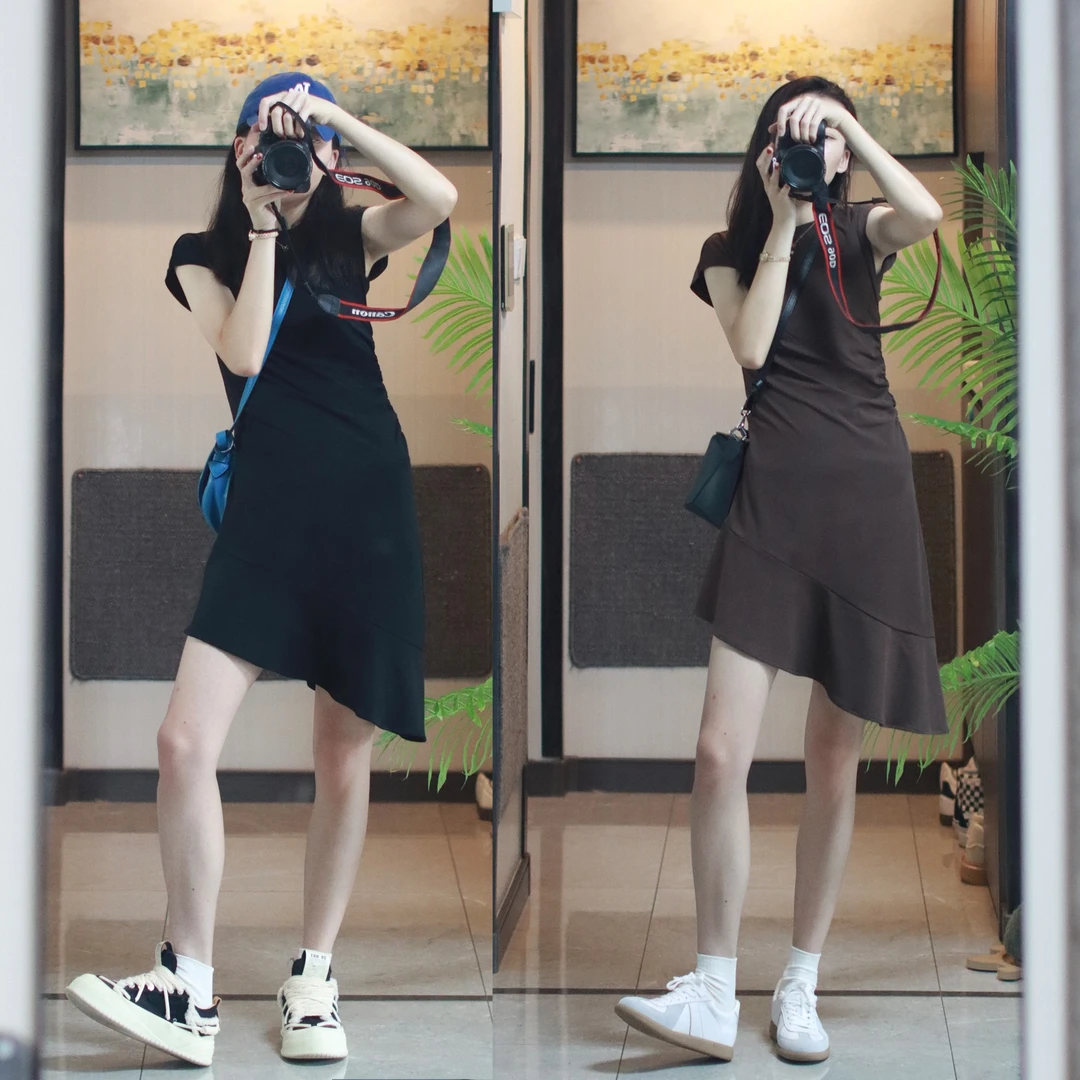 设计感不规则褶皱芭蕾舞显瘦连衣裙女气质修身针织中长裙小黑裙夏