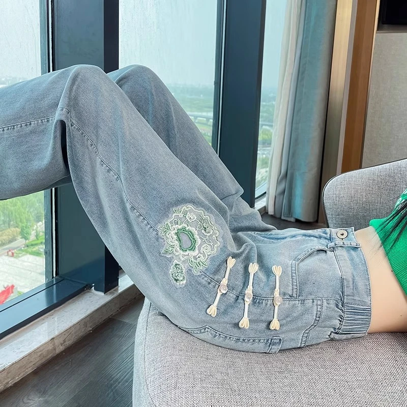 天丝牛仔裤女夏薄款2025新款超软垂感直筒新中式国风刺绣阔腿裤子