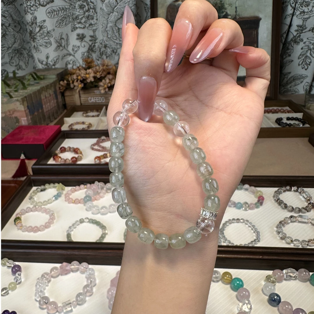 A028【翠微序】绿发晶老型珠+白水晶10mm
